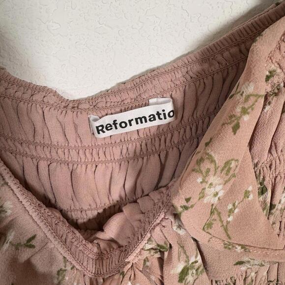 Reformation Dress Morris Smocked Melody Print Pink Floral Long Sleeve Mini Sz 14 - Picture 4 of 7